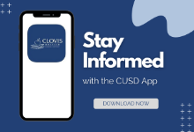 Graphic of a cell phone with the CUSD App pictured and text that reads, "Stay Informed with the CUSD App".