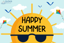 graphic of sky with clouds, kites, birds and a sun with sunglasses. Text that reads, "Happy Summer" and "Clovis Unified School District".