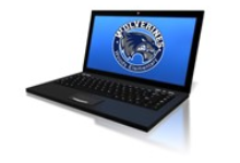 Open laptop with school logo on the screen.