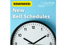 Photo of half a clock at the bottom and text that reads, "Reminder: New Bell Schedules"