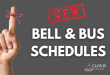 Index finger with red ribbon tied around it graphic and text that reads, "New Bell & Bus Schedules".