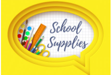 Comment bubble with graph paper background. Color pencils, scissors, ruler and water color paints pictured in the left of the bubble and text in the right that reads, "School Supplies".