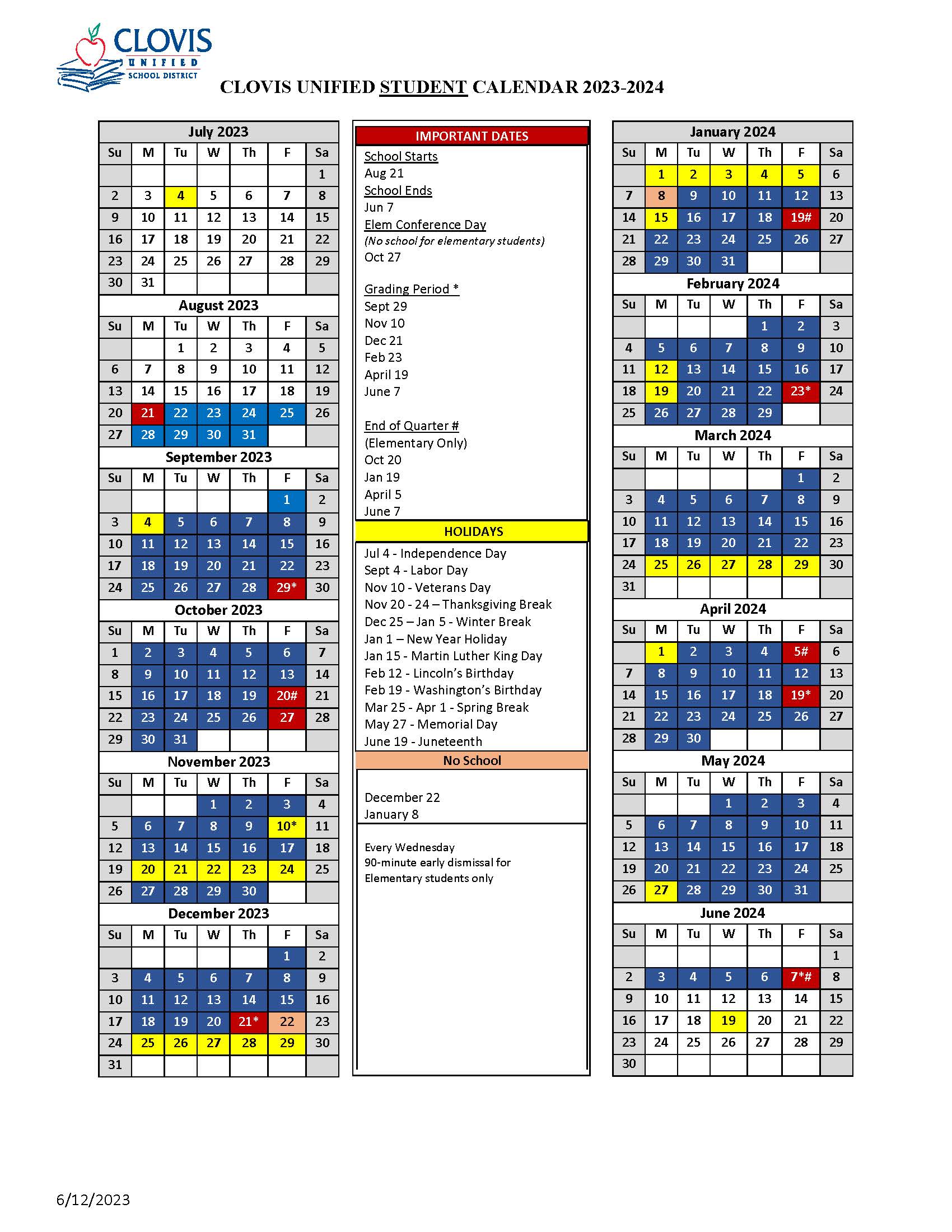Student Calendar 2023-24