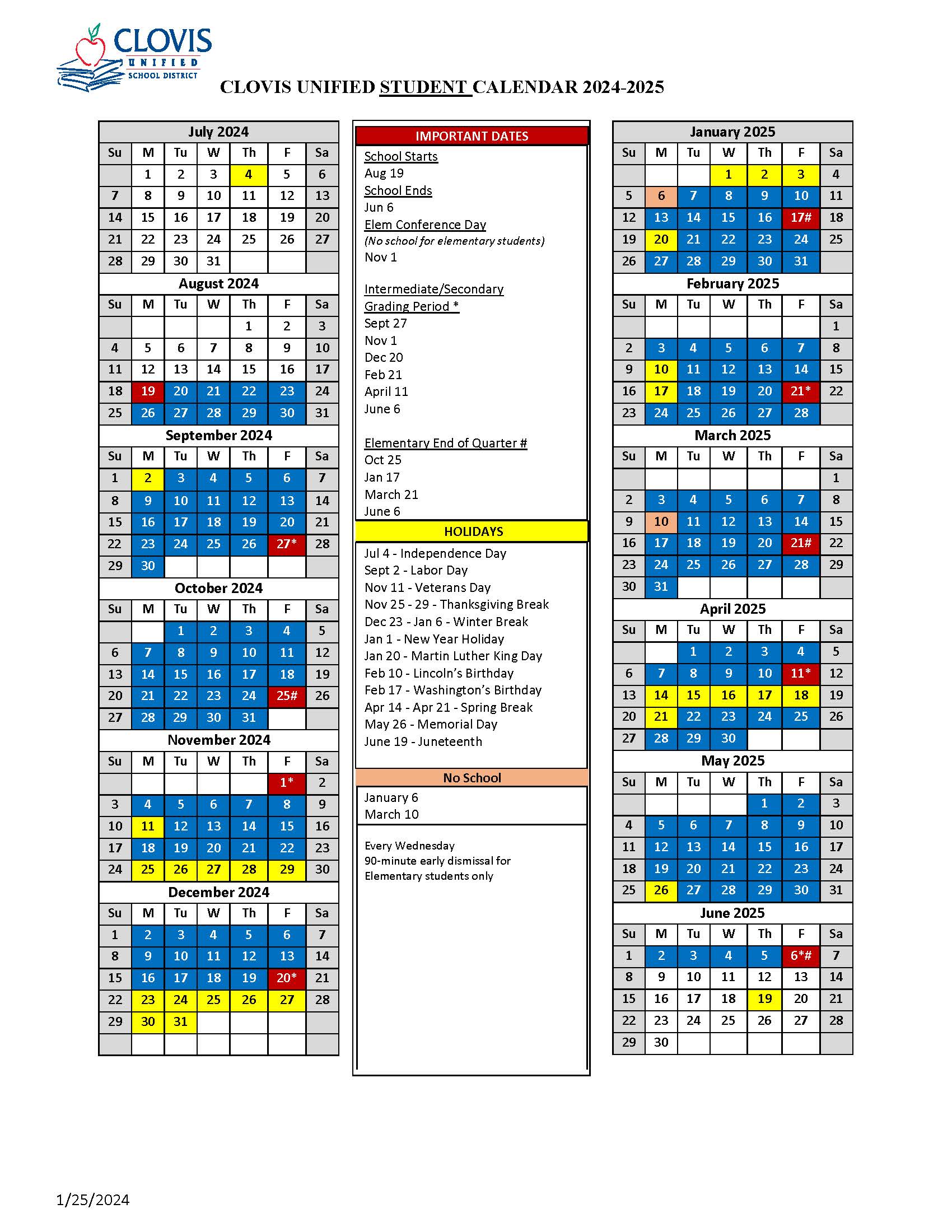 Student Calendar 2024-25